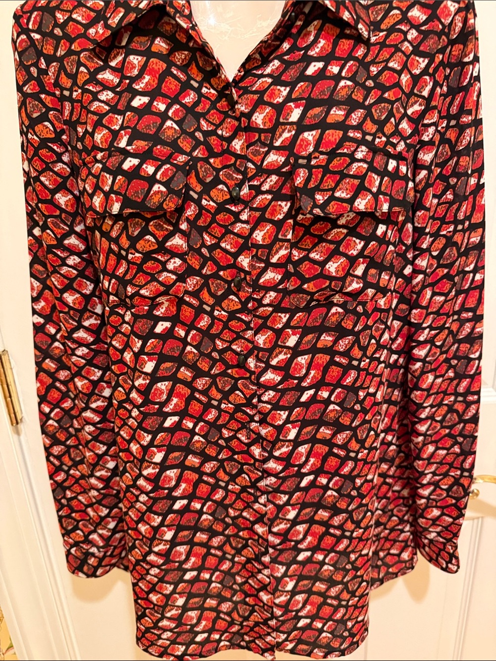 Womens Red Patterned button down Shirt sizes M/L see measurements
